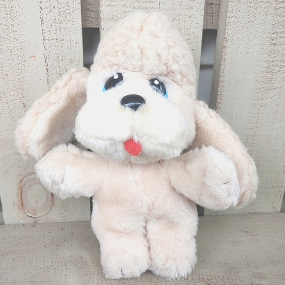 Vintage 1985 Marchon Cream Plush Poodle Puppy 9" Soft Toy Blue Eyes Floppy Ears - Picture 1 of 12
